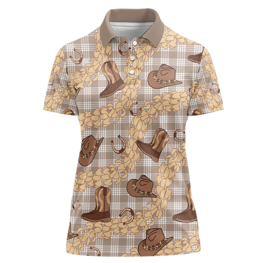 Khaki Palaka Hawaii Cowboy Women Polo Shirt Puakenikeni Lei Paniolo Papale Seamless Vibes - Polynesian Pride