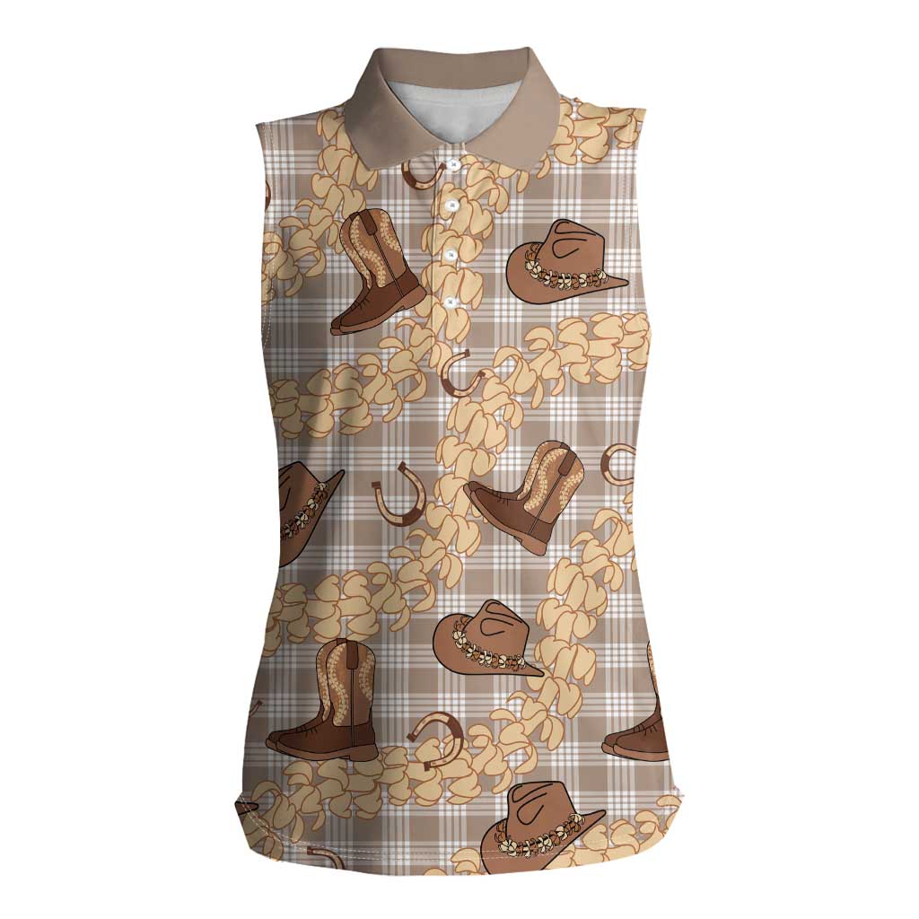 Khaki Palaka Hawaii Cowboy Women Sleeveless Polo Shirt Puakenikeni Lei Paniolo Papale Seamless Vibes - Polynesian Pride