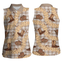 Khaki Palaka Hawaii Cowboy Women Sleeveless Polo Shirt Puakenikeni Lei Paniolo Papale Seamless Vibes - Polynesian Pride