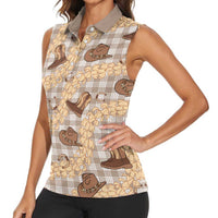 Khaki Palaka Hawaii Cowboy Women Sleeveless Polo Shirt Puakenikeni Lei Paniolo Papale Seamless Vibes - Polynesian Pride