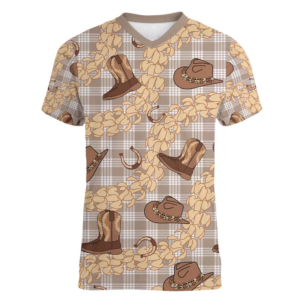 Khaki Palaka Hawaii Cowboy Women V-Neck T-Shirt Puakenikeni Lei Paniolo Papale Seamless Vibes - Polynesian Pride