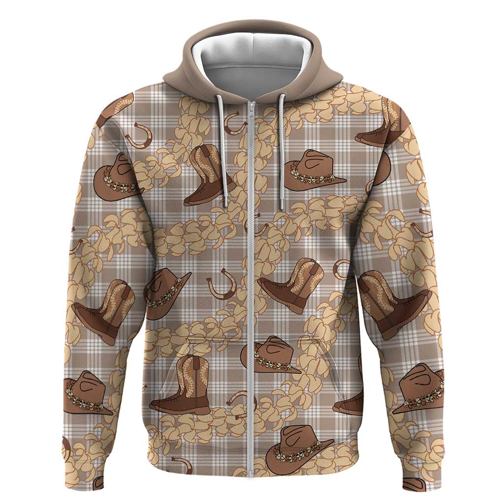 Khaki Palaka Hawaii Cowboy Zip Hoodie Puakenikeni Lei Paniolo Papale Seamless Vibes - Polynesian Pride