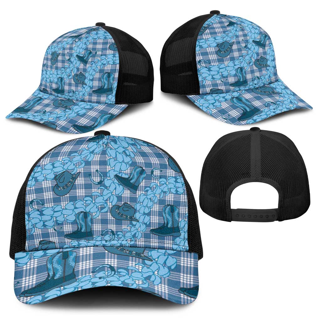 Cyan Palaka Hawaii Cowboy Baseball Net Cap Puakenikeni Lei Paniolo Papale Seamless Vibes - Polynesian Pride