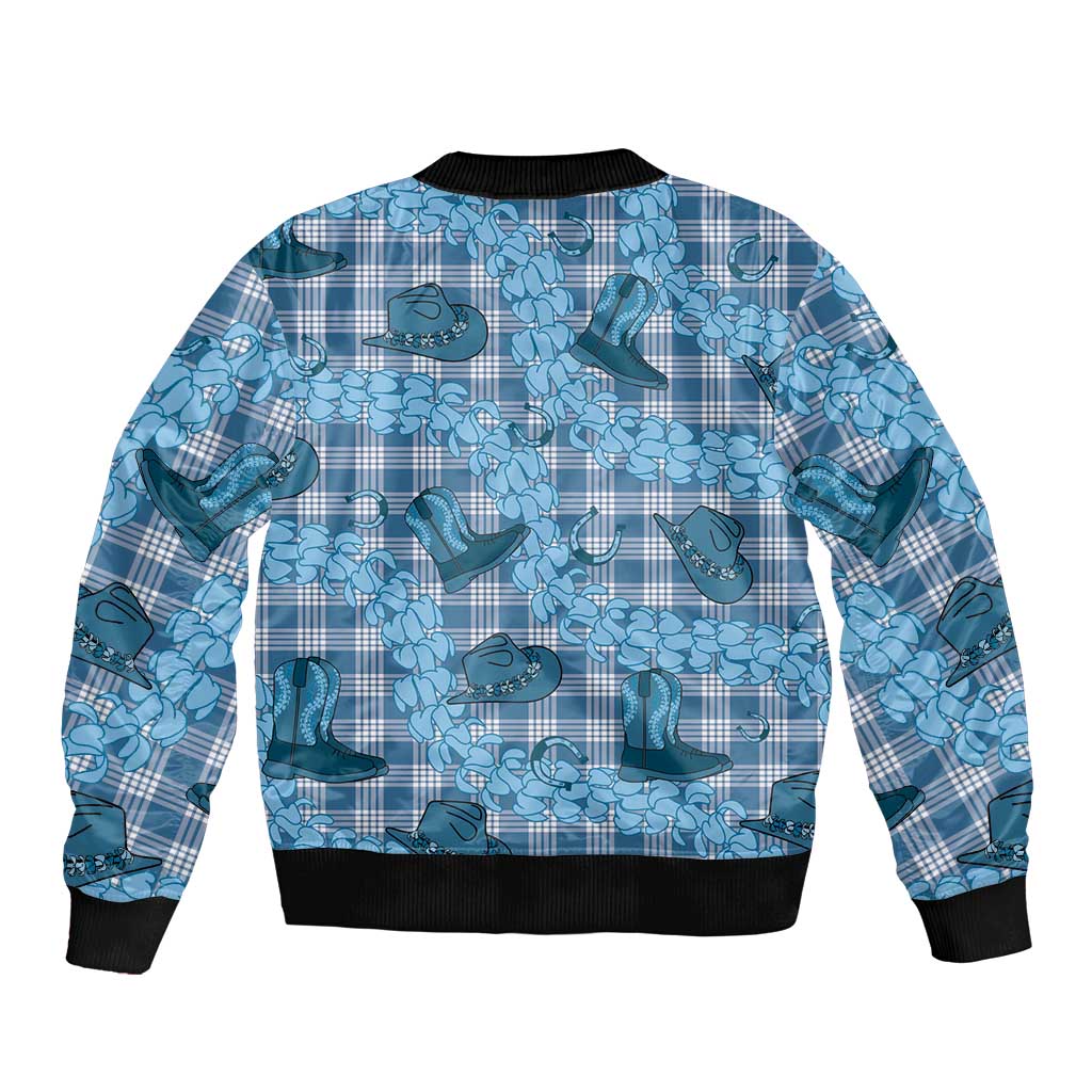 Cyan Palaka Hawaii Cowboy Bomber Jacket Puakenikeni Lei Paniolo Papale Seamless Vibes - Polynesian Pride