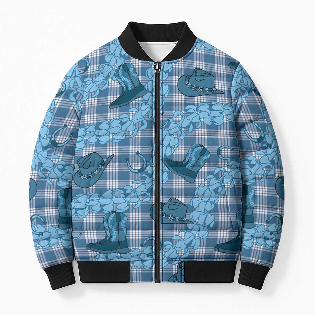 Cyan Palaka Hawaii Cowboy Bomber Puffer Jacket Puakenikeni Lei Paniolo Papale Seamless Vibes - Polynesian Pride