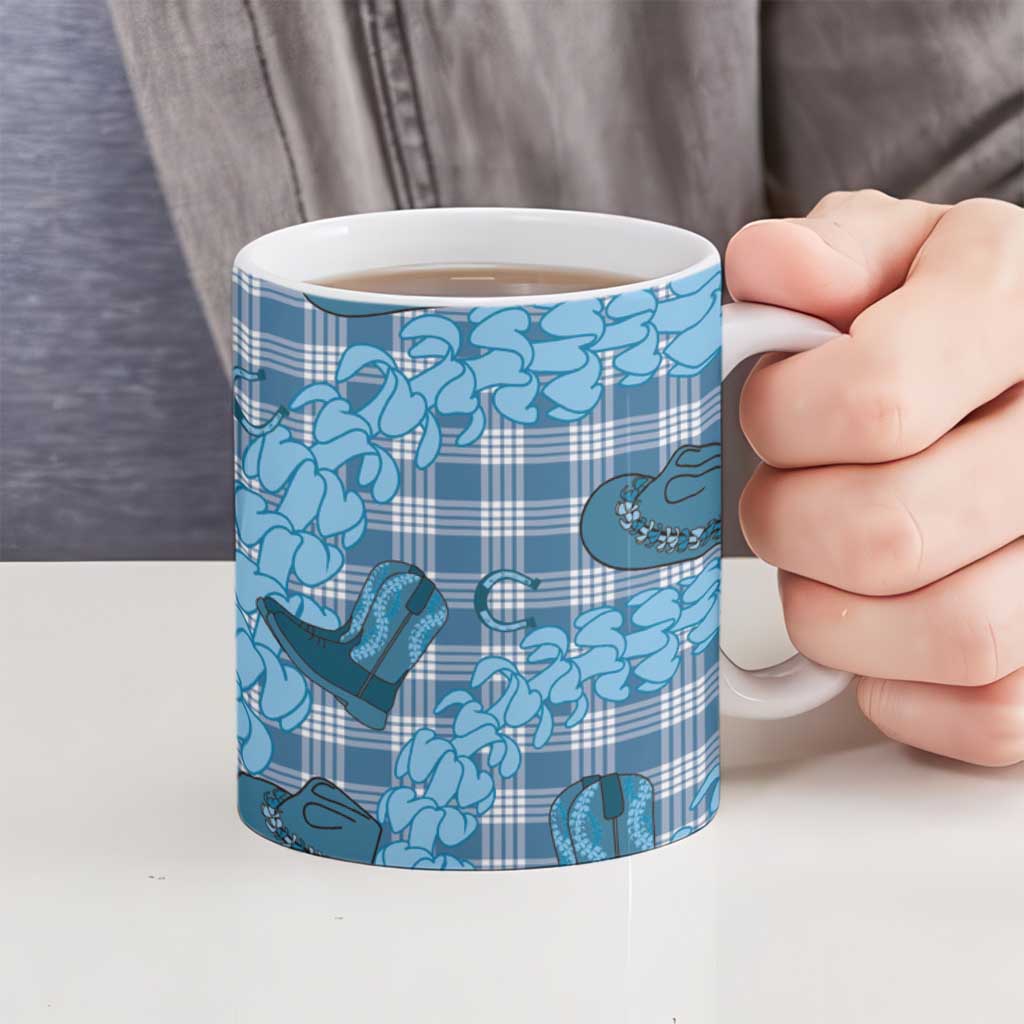 Cyan Palaka Hawaii Cowboy Ceramic Mug Puakenikeni Lei Paniolo Papale Seamless Vibes - Polynesian Pride