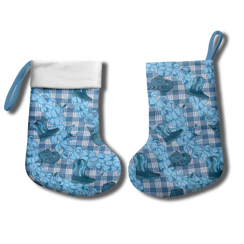 Cyan Palaka Hawaii Cowboy Christmas Stocking Puakenikeni Lei Paniolo Papale Seamless Vibes - Polynesian Pride