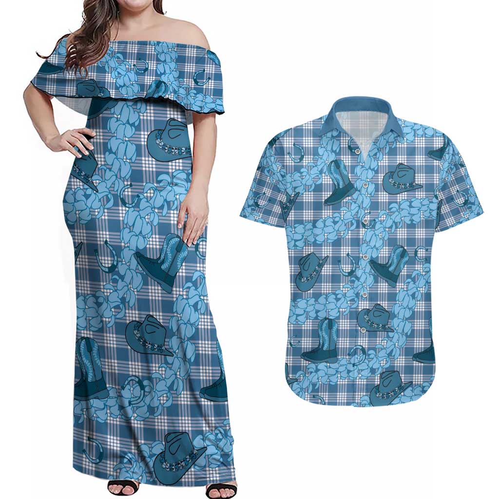 Cyan Palaka Hawaii Cowboy Couples Matching Off Shoulder Maxi Dress and Hawaiian Shirt Puakenikeni Lei Paniolo Papale Seamless Vibes - Polynesian Pride