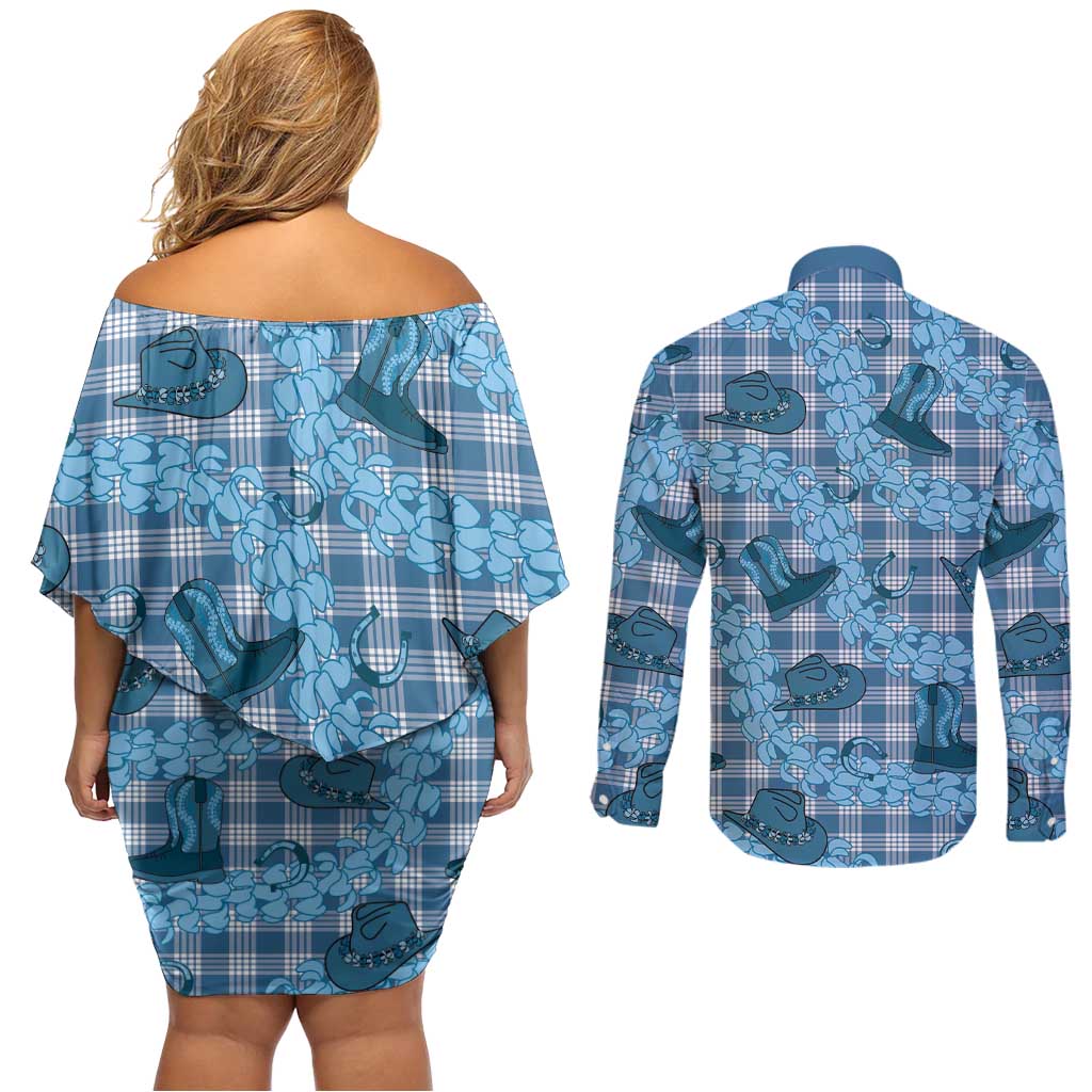 Cyan Palaka Hawaii Cowboy Couples Matching Off Shoulder Short Dress and Long Sleeve Button Shirt Puakenikeni Lei Paniolo Papale Seamless Vibes - Polynesian Pride