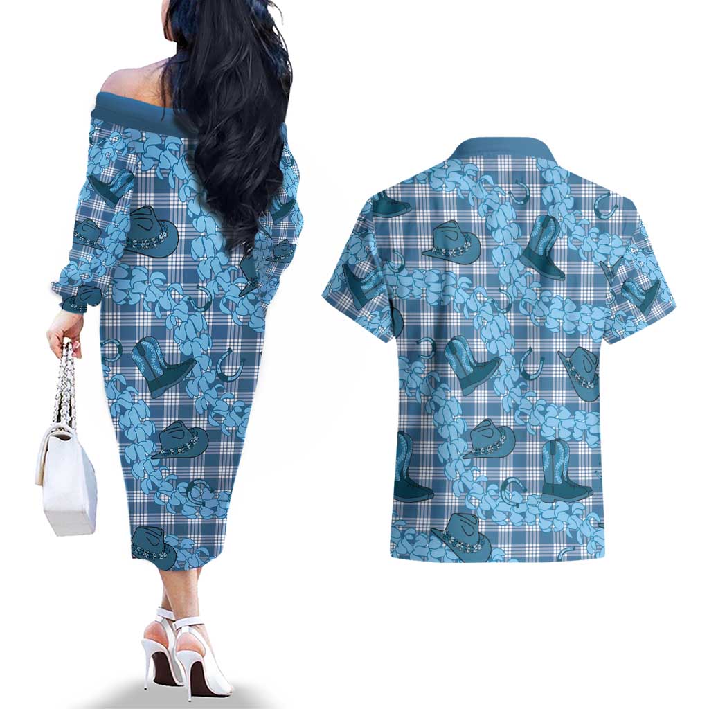 Cyan Palaka Hawaii Cowboy Couples Matching Off The Shoulder Long Sleeve Dress and Hawaiian Shirt Puakenikeni Lei Paniolo Papale Seamless Vibes - Polynesian Pride