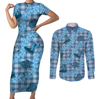 Cyan Palaka Hawaii Cowboy Couples Matching Short Sleeve Bodycon Dress and Long Sleeve Button Shirt Puakenikeni Lei Paniolo Papale Seamless Vibes - Polynesian Pride