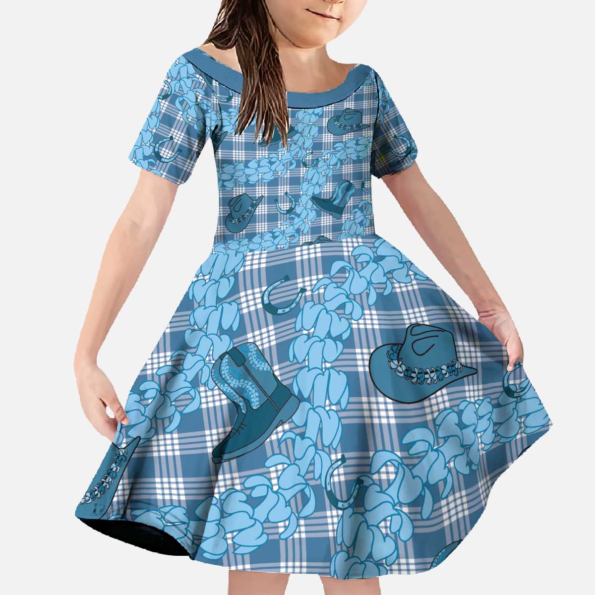 Cyan Palaka Hawaii Cowboy Family Matching Off The Shoulder Long Sleeve Dress and Hawaiian Shirt Puakenikeni Lei Paniolo Papale Seamless Vibes - Polynesian Pride