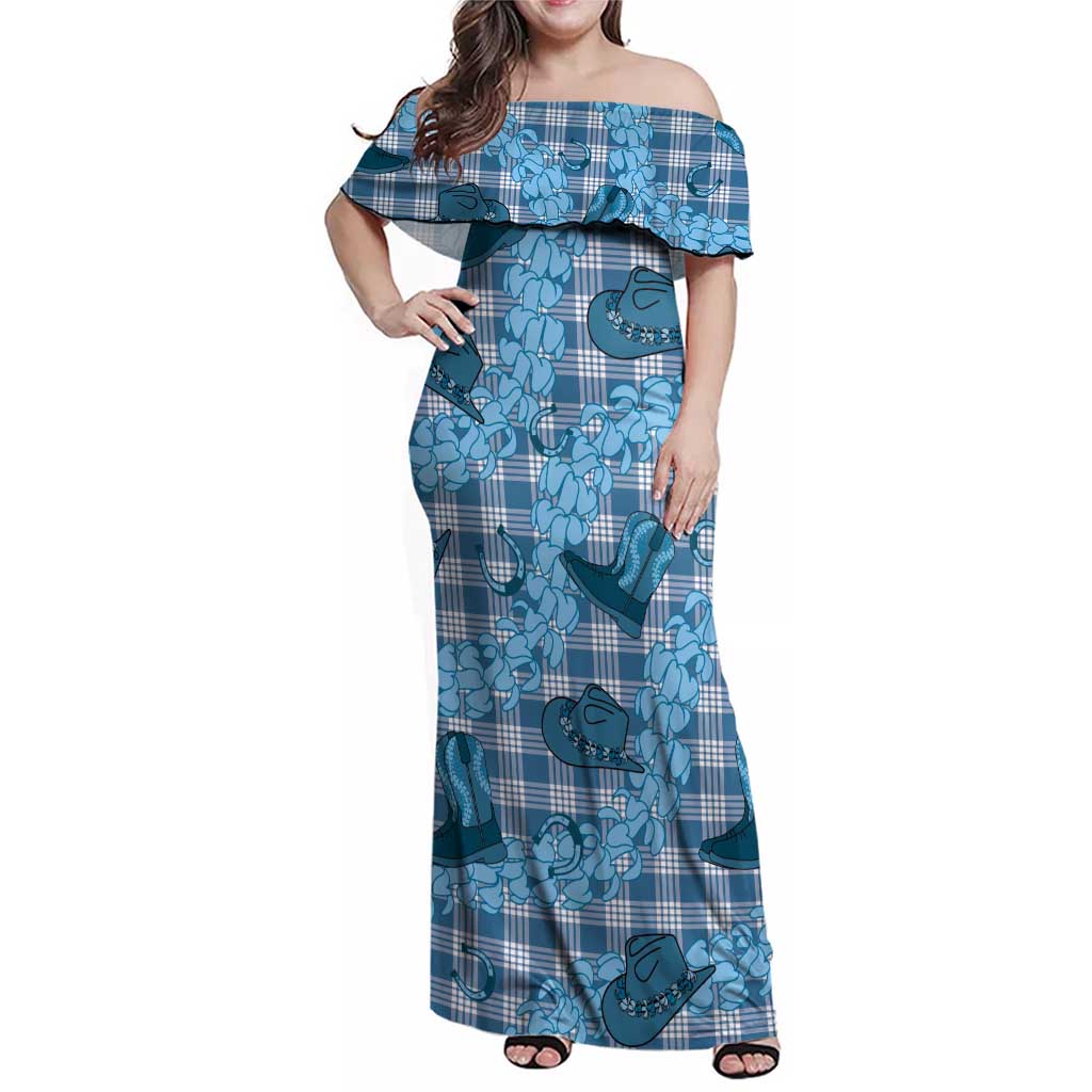 Cyan Palaka Hawaii Cowboy Family Matching Off Shoulder Maxi Dress and Hawaiian Shirt Puakenikeni Lei Paniolo Papale Seamless Vibes - Polynesian Pride
