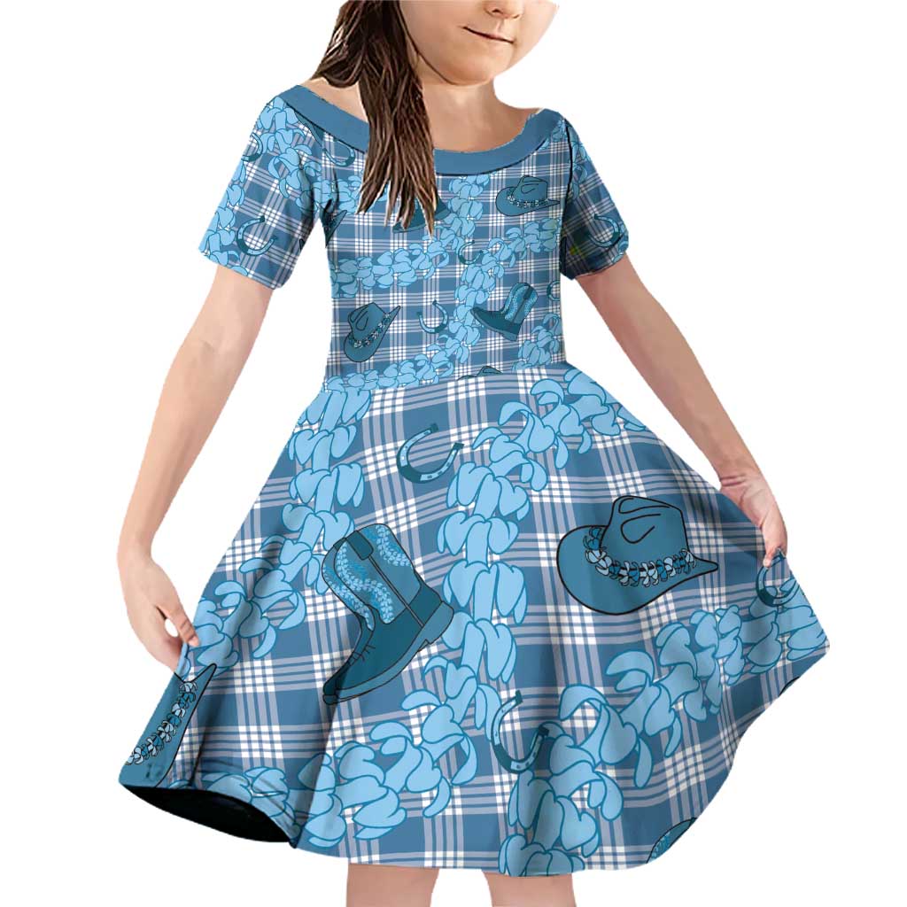 Cyan Palaka Hawaii Cowboy Family Matching Off Shoulder Short Dress and Hawaiian Shirt Puakenikeni Lei Paniolo Papale Seamless Vibes - Polynesian Pride