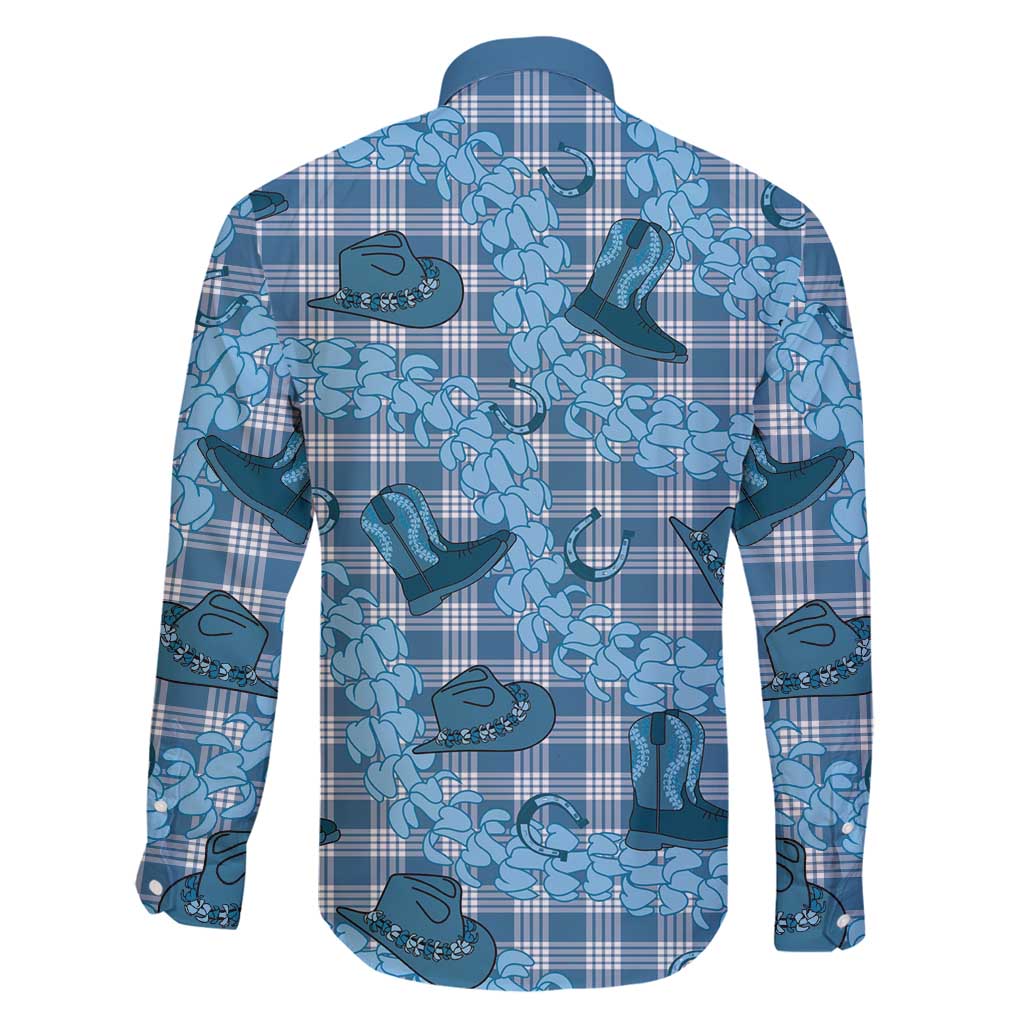 Cyan Palaka Hawaii Cowboy Family Matching Off Shoulder Short Dress and Hawaiian Shirt Puakenikeni Lei Paniolo Papale Seamless Vibes - Polynesian Pride