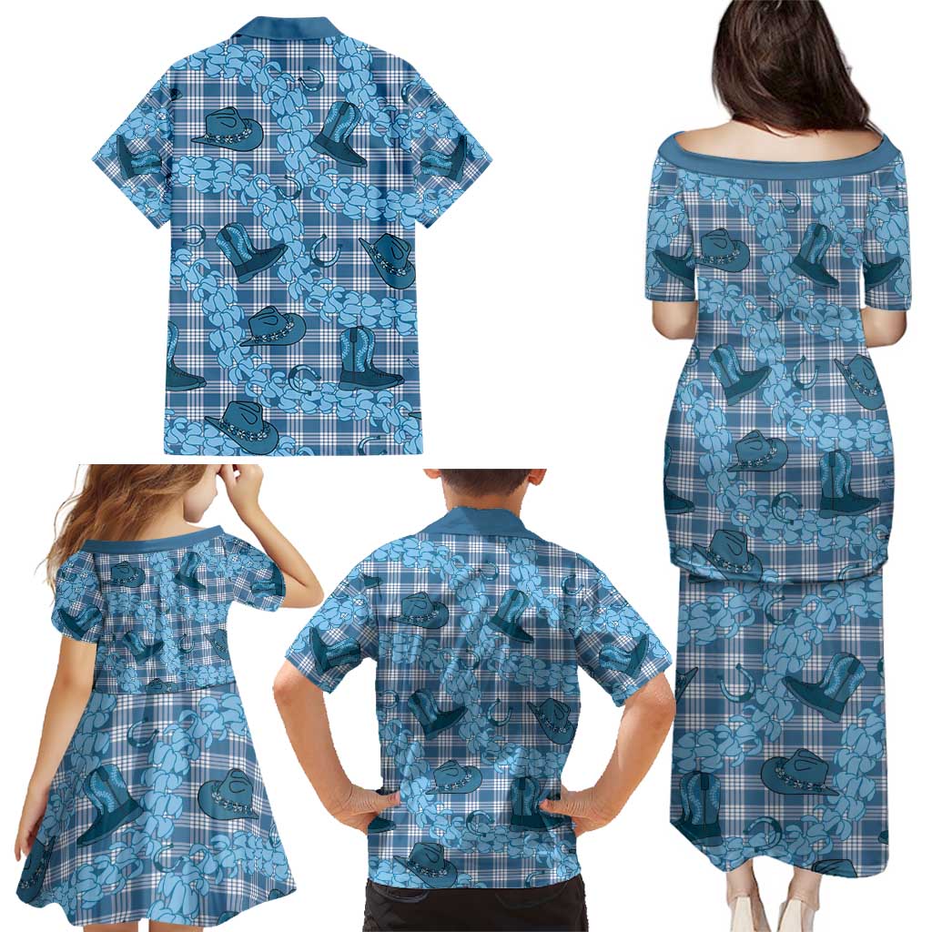 Cyan Palaka Hawaii Cowboy Family Matching Puletasi and Hawaiian Shirt Puakenikeni Lei Paniolo Papale Seamless Vibes - Polynesian Pride