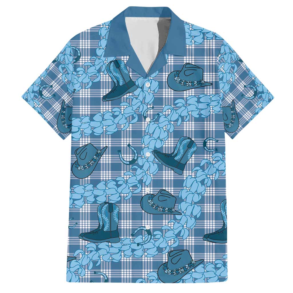 Cyan Palaka Hawaii Cowboy Family Matching Short Sleeve Bodycon Dress and Hawaiian Shirt Puakenikeni Lei Paniolo Papale Seamless Vibes - Polynesian Pride