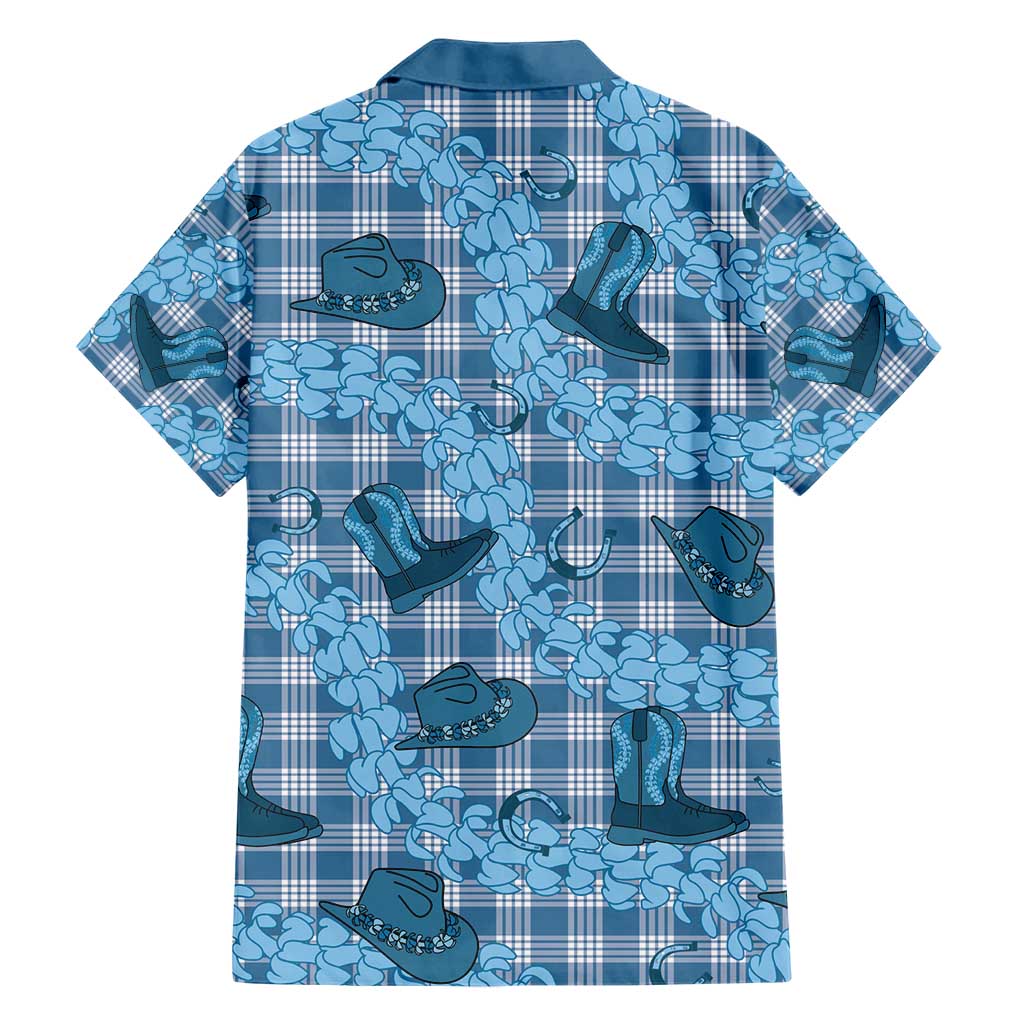 Cyan Palaka Hawaii Cowboy Family Matching Short Sleeve Bodycon Dress and Hawaiian Shirt Puakenikeni Lei Paniolo Papale Seamless Vibes - Polynesian Pride