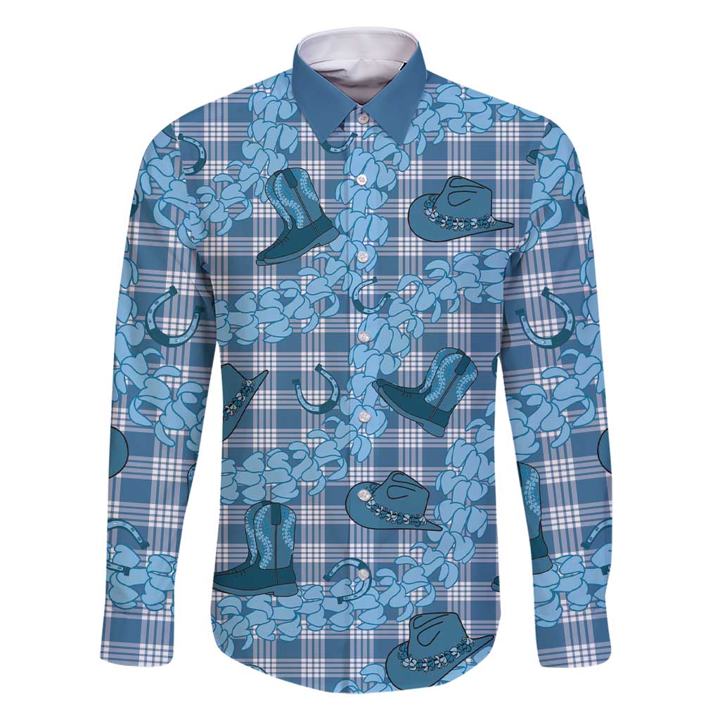 Cyan Palaka Hawaii Cowboy Family Matching Short Sleeve Bodycon Dress and Hawaiian Shirt Puakenikeni Lei Paniolo Papale Seamless Vibes - Polynesian Pride