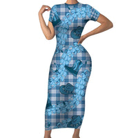 Cyan Palaka Hawaii Cowboy Family Matching Short Sleeve Bodycon Dress and Hawaiian Shirt Puakenikeni Lei Paniolo Papale Seamless Vibes - Polynesian Pride