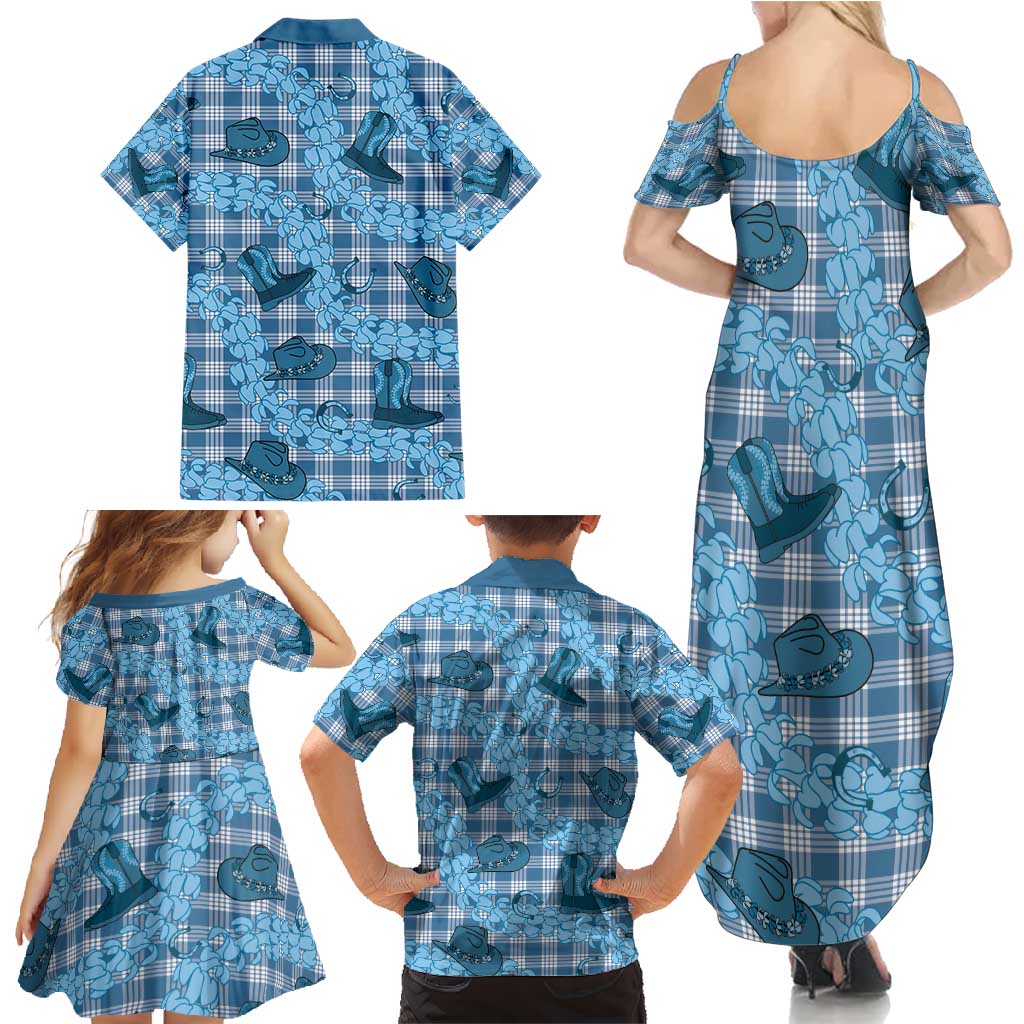 Cyan Palaka Hawaii Cowboy Family Matching Summer Maxi Dress and Hawaiian Shirt Puakenikeni Lei Paniolo Papale Seamless Vibes - Polynesian Pride