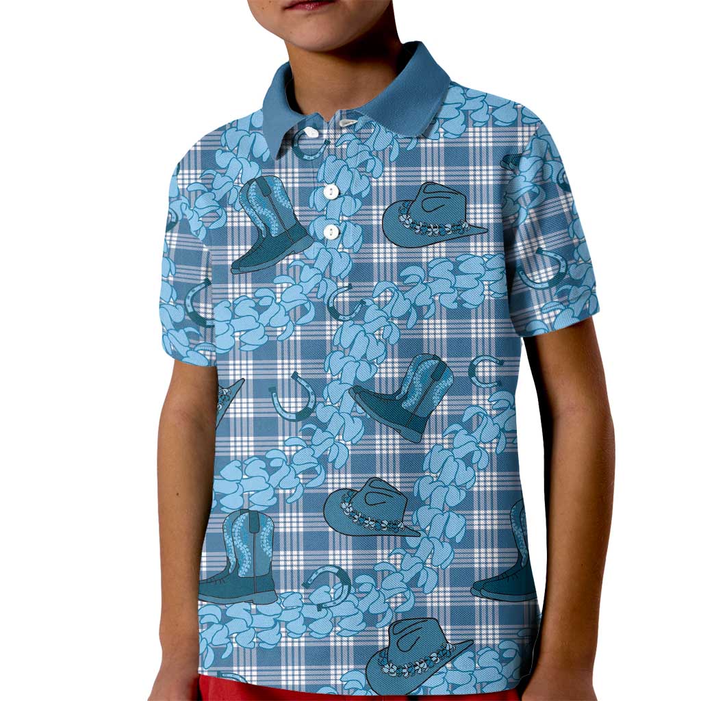 Cyan Palaka Hawaii Cowboy Kid Polo Shirt Puakenikeni Lei Paniolo Papale Seamless Vibes - Polynesian Pride