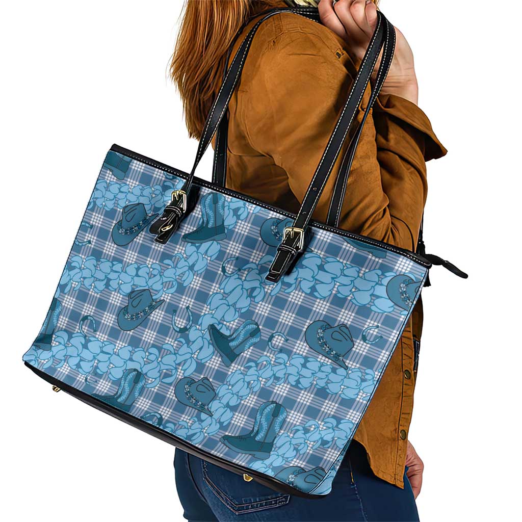 Cyan Palaka Hawaii Cowboy Leather Tote Bag Puakenikeni Lei Paniolo Papale Seamless Vibes - Polynesian Pride