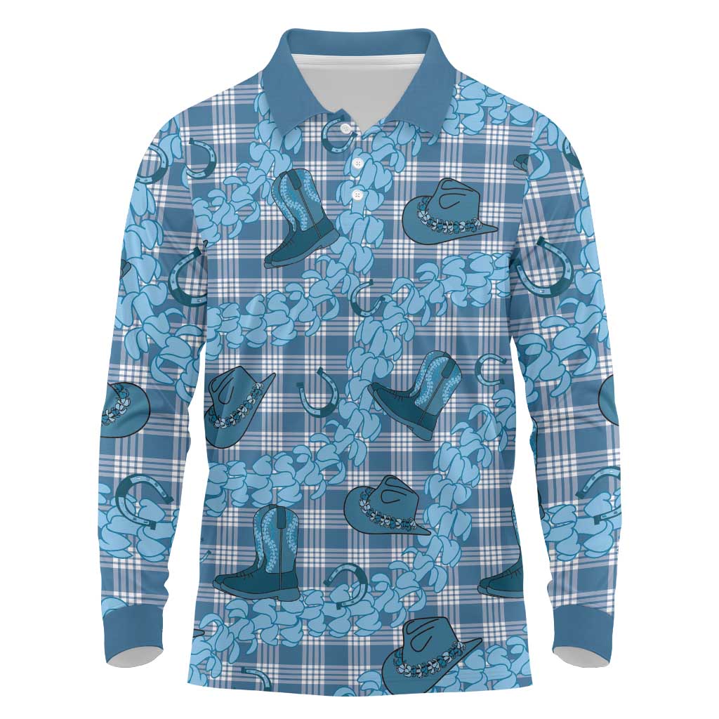 Cyan Palaka Hawaii Cowboy Long Sleeve Polo Shirt Puakenikeni Lei Paniolo Papale Seamless Vibes - Polynesian Pride