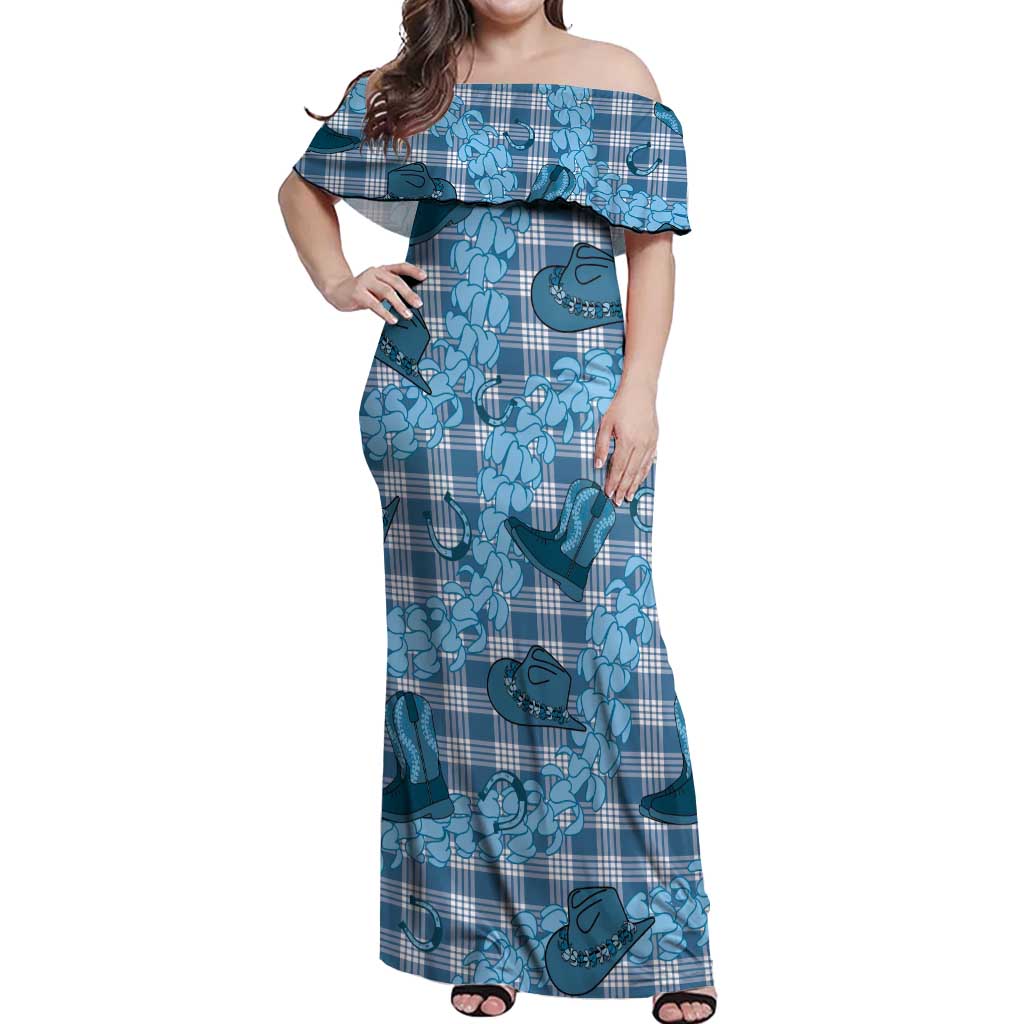 Cyan Palaka Hawaii Cowboy Off Shoulder Maxi Dress Puakenikeni Lei Paniolo Papale Seamless Vibes - Polynesian Pride