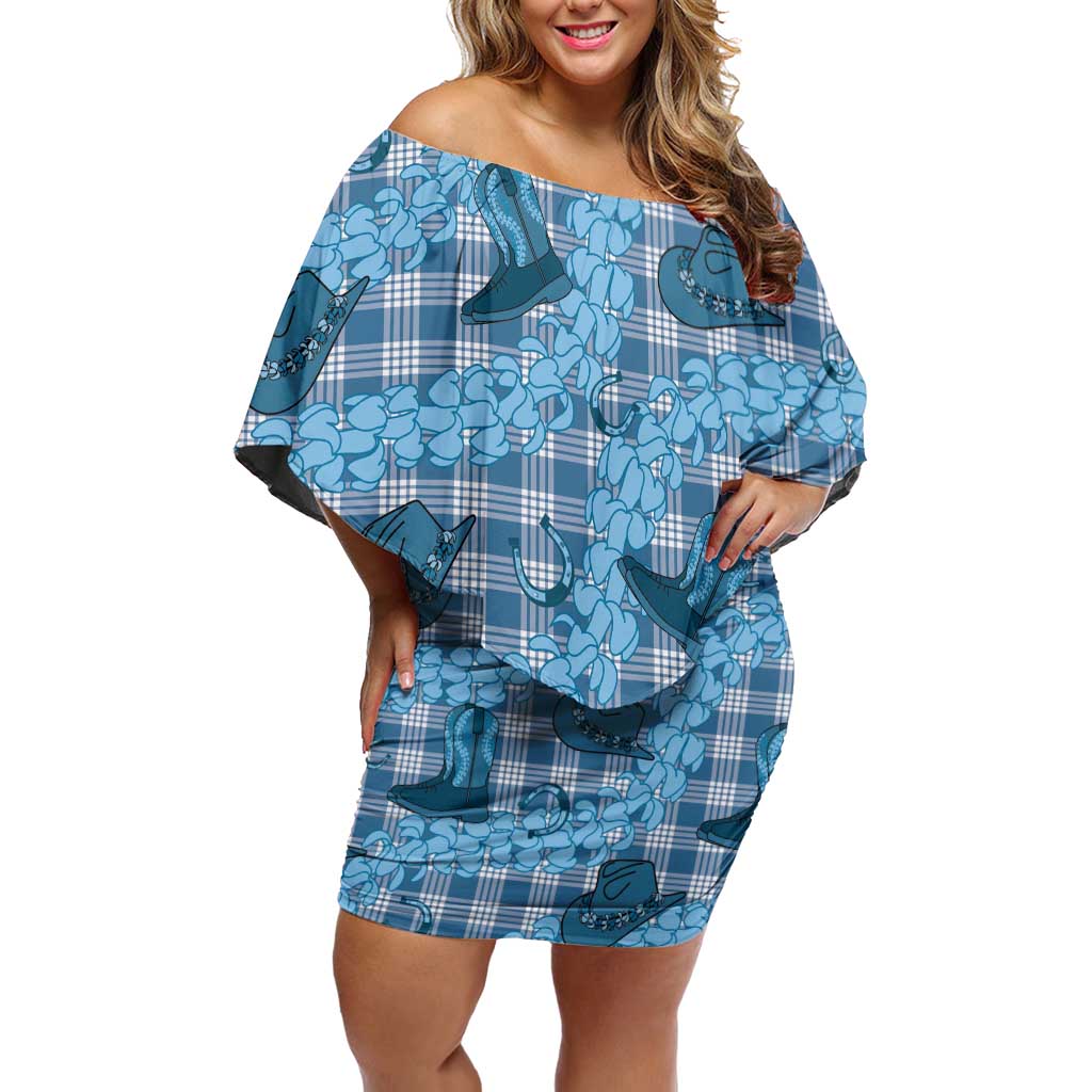 Cyan Palaka Hawaii Cowboy Off Shoulder Short Dress Puakenikeni Lei Paniolo Papale Seamless Vibes - Polynesian Pride