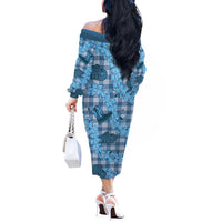 Cyan Palaka Hawaii Cowboy Off The Shoulder Long Sleeve Dress Puakenikeni Lei Paniolo Papale Seamless Vibes - Polynesian Pride