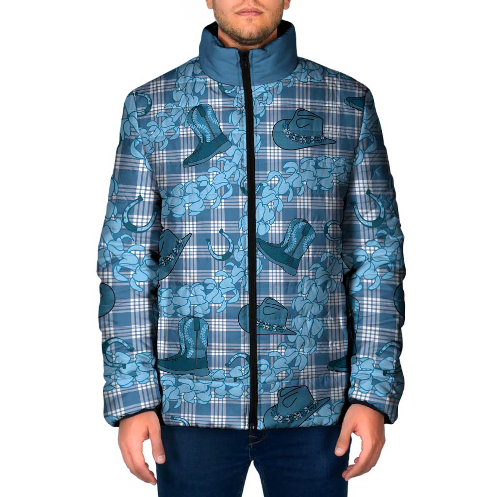 Cyan Palaka Hawaii Cowboy Padded Jacket Puakenikeni Lei Paniolo Papale Seamless Vibes - Polynesian Pride