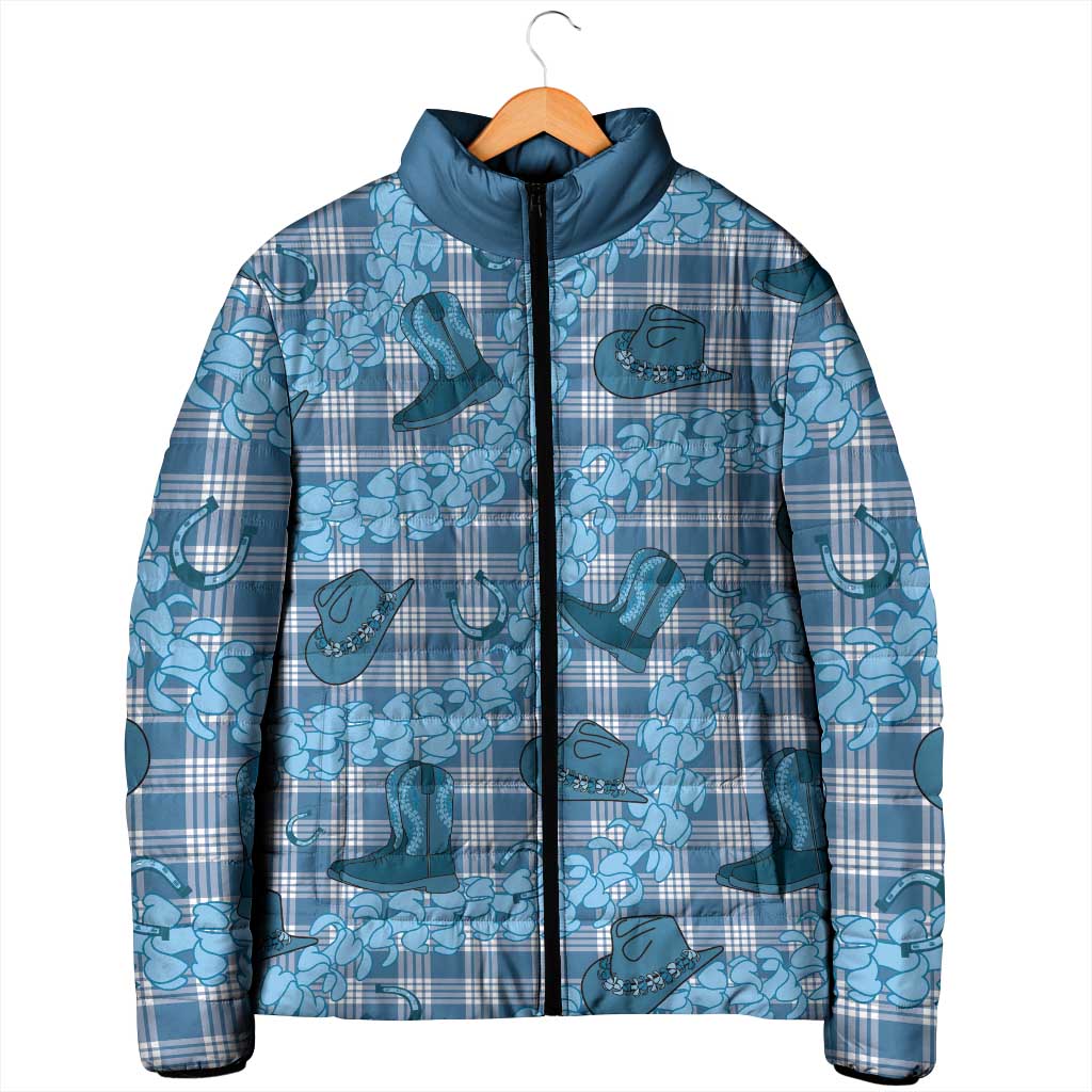 Cyan Palaka Hawaii Cowboy Padded Jacket Puakenikeni Lei Paniolo Papale Seamless Vibes - Polynesian Pride