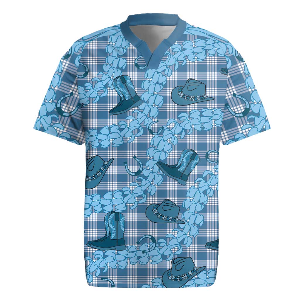 Cyan Palaka Hawaii Cowboy Rugby Jersey Puakenikeni Lei Paniolo Papale Seamless Vibes - Polynesian Pride