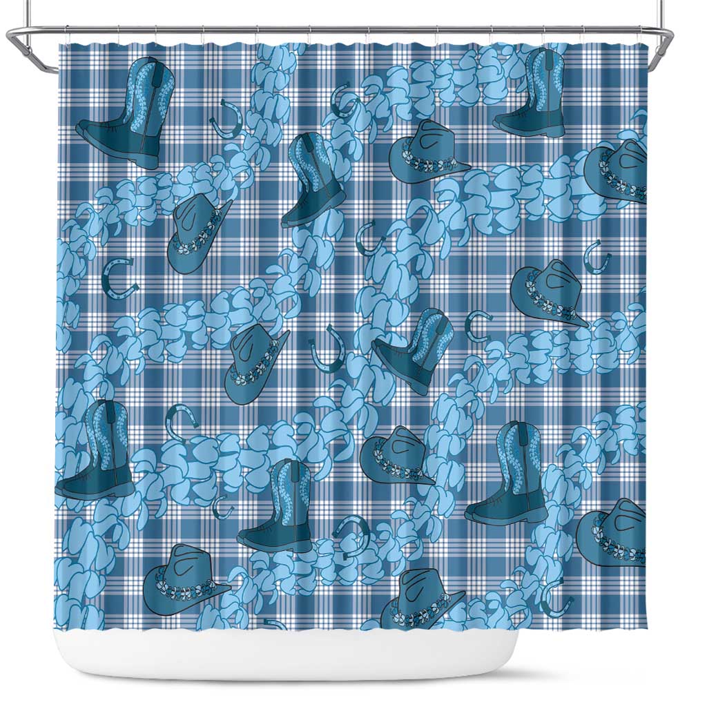 Cyan Palaka Hawaii Cowboy Shower Curtain Puakenikeni Lei Paniolo Papale Seamless Vibes - Polynesian Pride