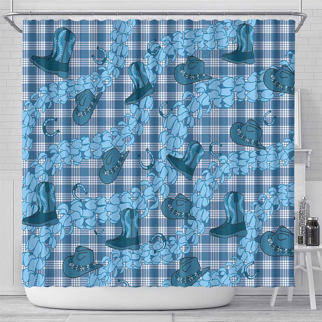 Cyan Palaka Hawaii Cowboy Shower Curtain Puakenikeni Lei Paniolo Papale Seamless Vibes - Polynesian Pride