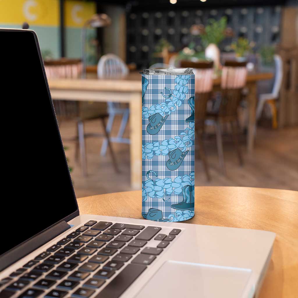 Cyan Palaka Hawaii Cowboy Skinny Tumbler Puakenikeni Lei Paniolo Papale Seamless Vibes - Polynesian Pride
