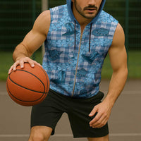 Cyan Palaka Hawaii Cowboy Sleeveless Zip Hoodie Puakenikeni Lei Paniolo Papale Seamless Vibes - Polynesian Pride