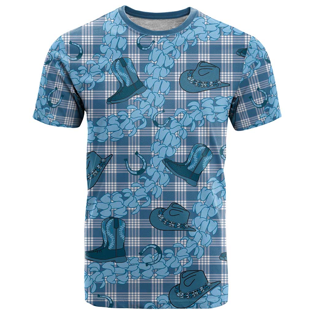 Cyan Palaka Hawaii Cowboy T Shirt Puakenikeni Lei Paniolo Papale Seamless Vibes - Polynesian Pride