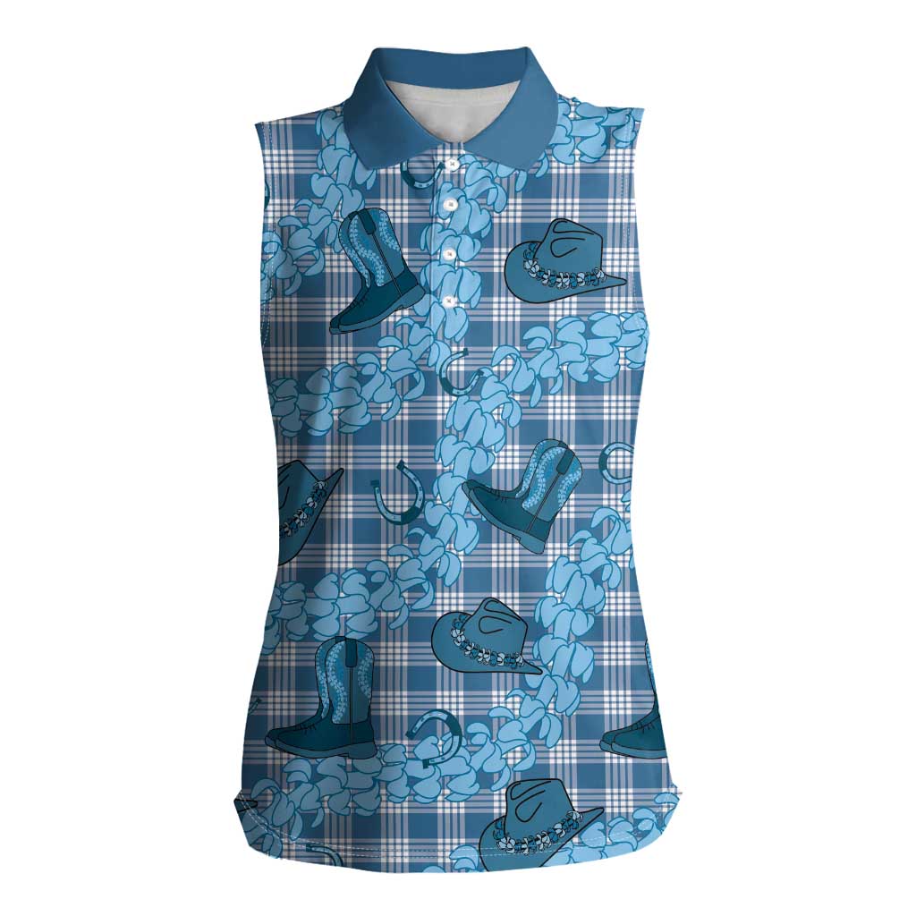 Cyan Palaka Hawaii Cowboy Women Sleeveless Polo Shirt Puakenikeni Lei Paniolo Papale Seamless Vibes - Polynesian Pride