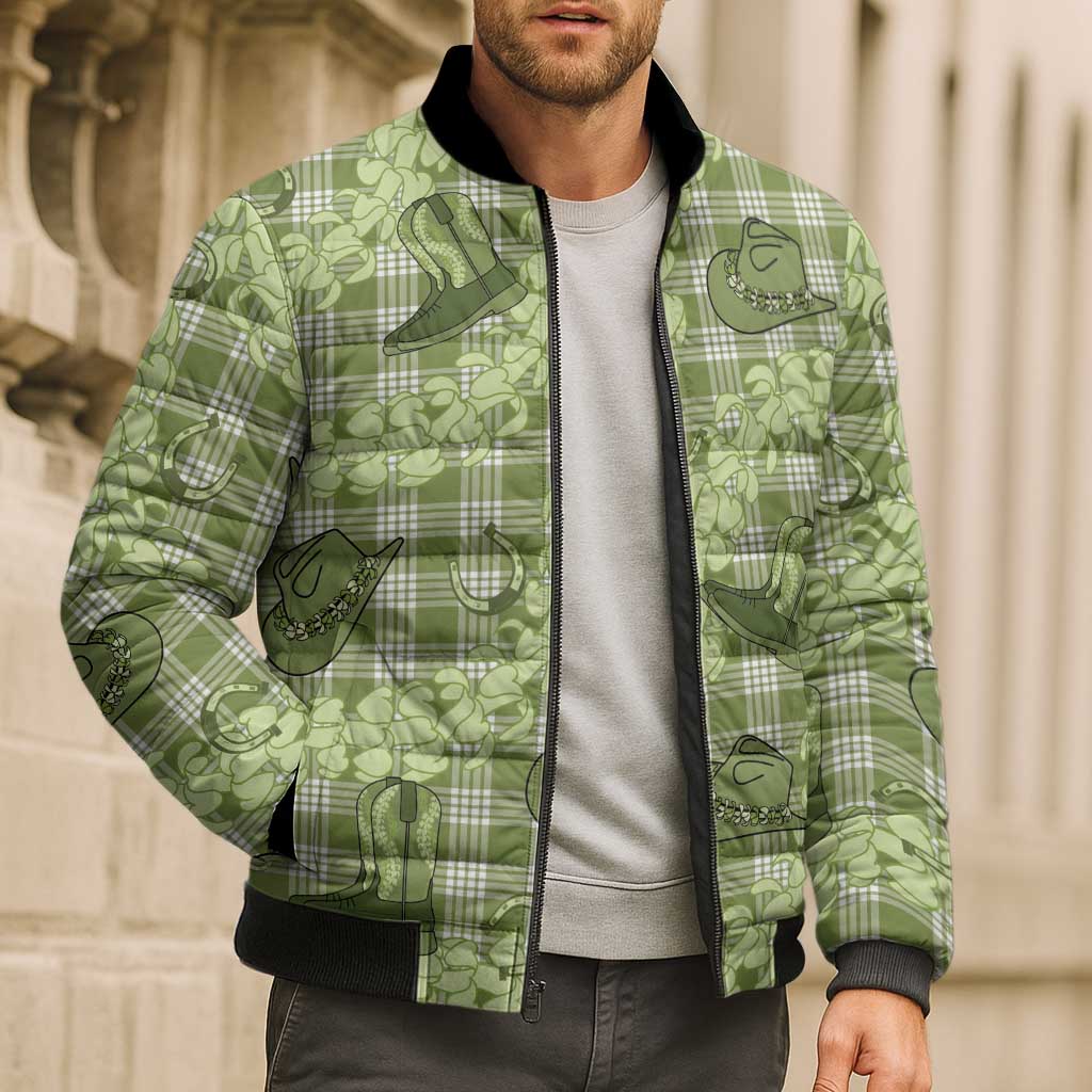 Lime Palaka Hawaii Cowboy Bomber Puffer Jacket Puakenikeni Lei Paniolo Papale Seamless Vibes - Polynesian Pride