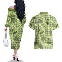 Lime Palaka Hawaii Cowboy Couples Matching Off The Shoulder Long Sleeve Dress and Hawaiian Shirt Puakenikeni Lei Paniolo Papale Seamless Vibes - Polynesian Pride