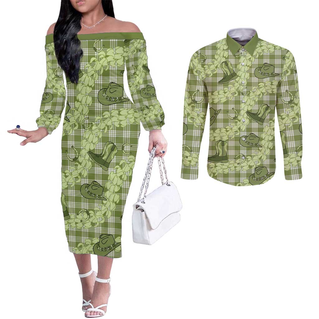 Lime Palaka Hawaii Cowboy Couples Matching Off The Shoulder Long Sleeve Dress and Long Sleeve Button Shirt Puakenikeni Lei Paniolo Papale Seamless Vibes - Polynesian Pride