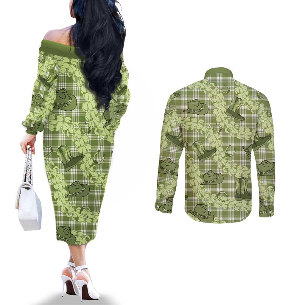 Lime Palaka Hawaii Cowboy Couples Matching Off The Shoulder Long Sleeve Dress and Long Sleeve Button Shirt Puakenikeni Lei Paniolo Papale Seamless Vibes - Polynesian Pride