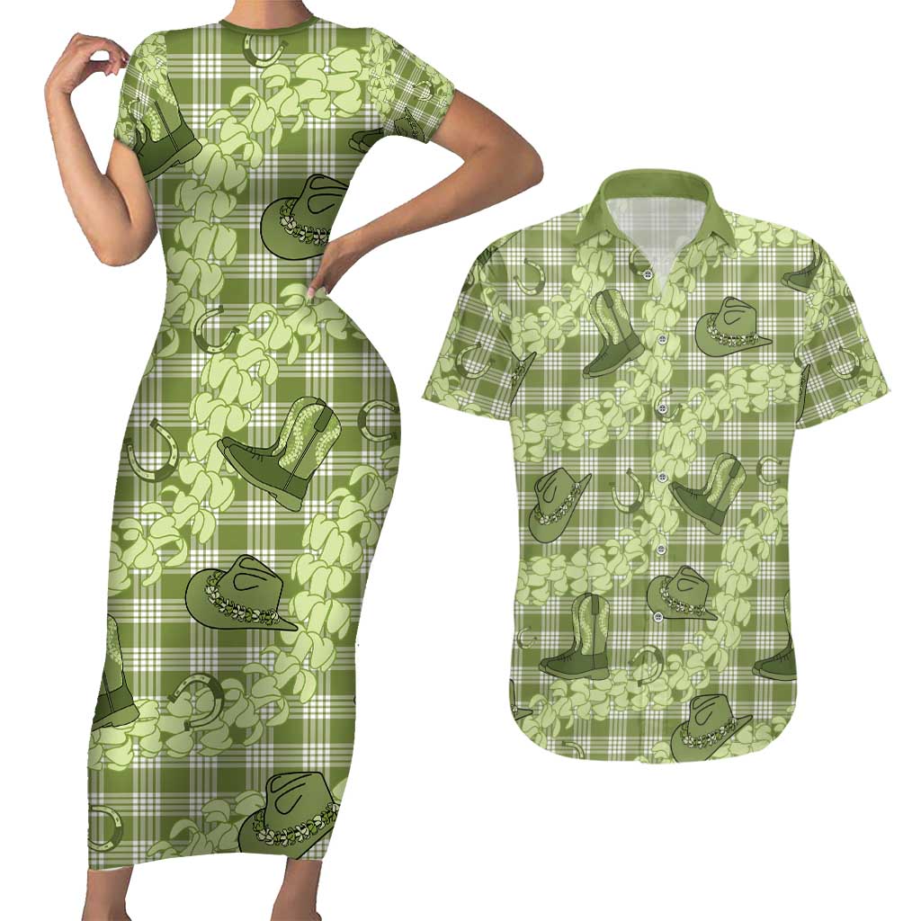 Lime Palaka Hawaii Cowboy Couples Matching Short Sleeve Bodycon Dress and Hawaiian Shirt Puakenikeni Lei Paniolo Papale Seamless Vibes - Polynesian Pride