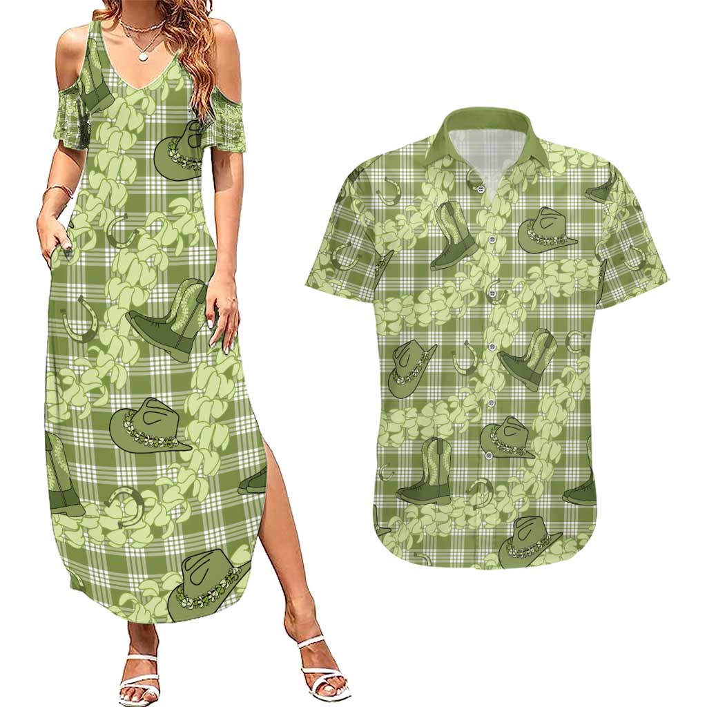 Lime Palaka Hawaii Cowboy Couples Matching Summer Maxi Dress and Hawaiian Shirt Puakenikeni Lei Paniolo Papale Seamless Vibes - Polynesian Pride