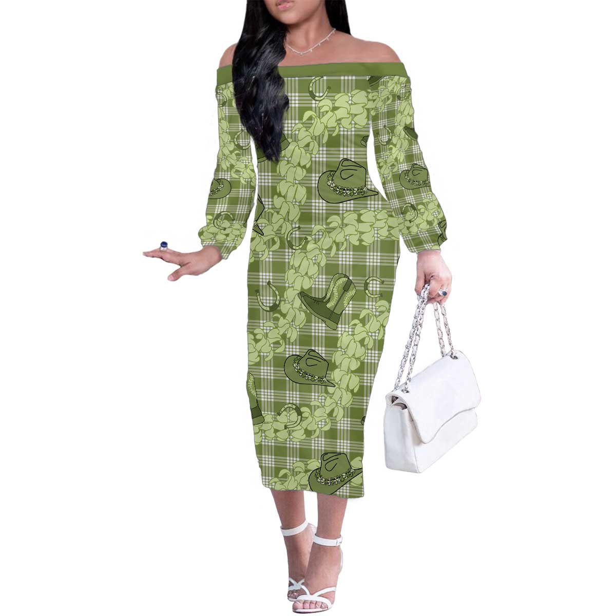 Lime Palaka Hawaii Cowboy Family Matching Off The Shoulder Long Sleeve Dress and Hawaiian Shirt Puakenikeni Lei Paniolo Papale Seamless Vibes - Polynesian Pride