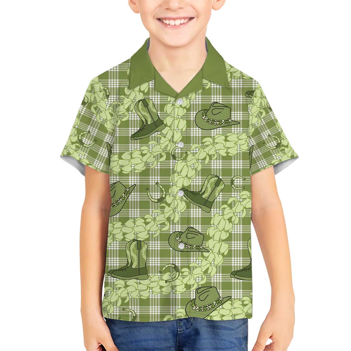 Lime Palaka Hawaii Cowboy Family Matching Off The Shoulder Long Sleeve Dress and Hawaiian Shirt Puakenikeni Lei Paniolo Papale Seamless Vibes - Polynesian Pride