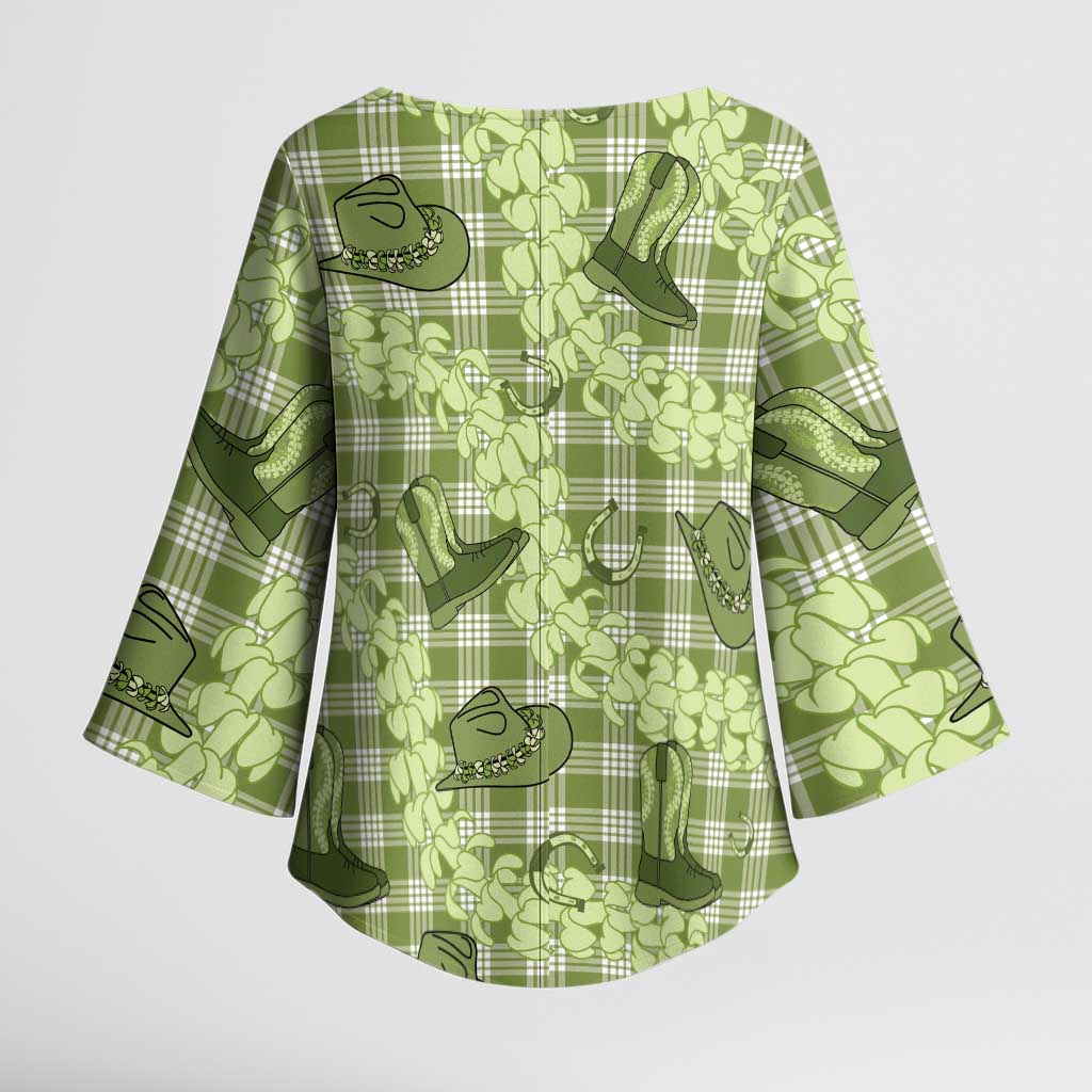 Lime Palaka Hawaii Cowboy Kimono Sleeve Blouse Puakenikeni Lei Paniolo Papale Seamless Vibes - Polynesian Pride