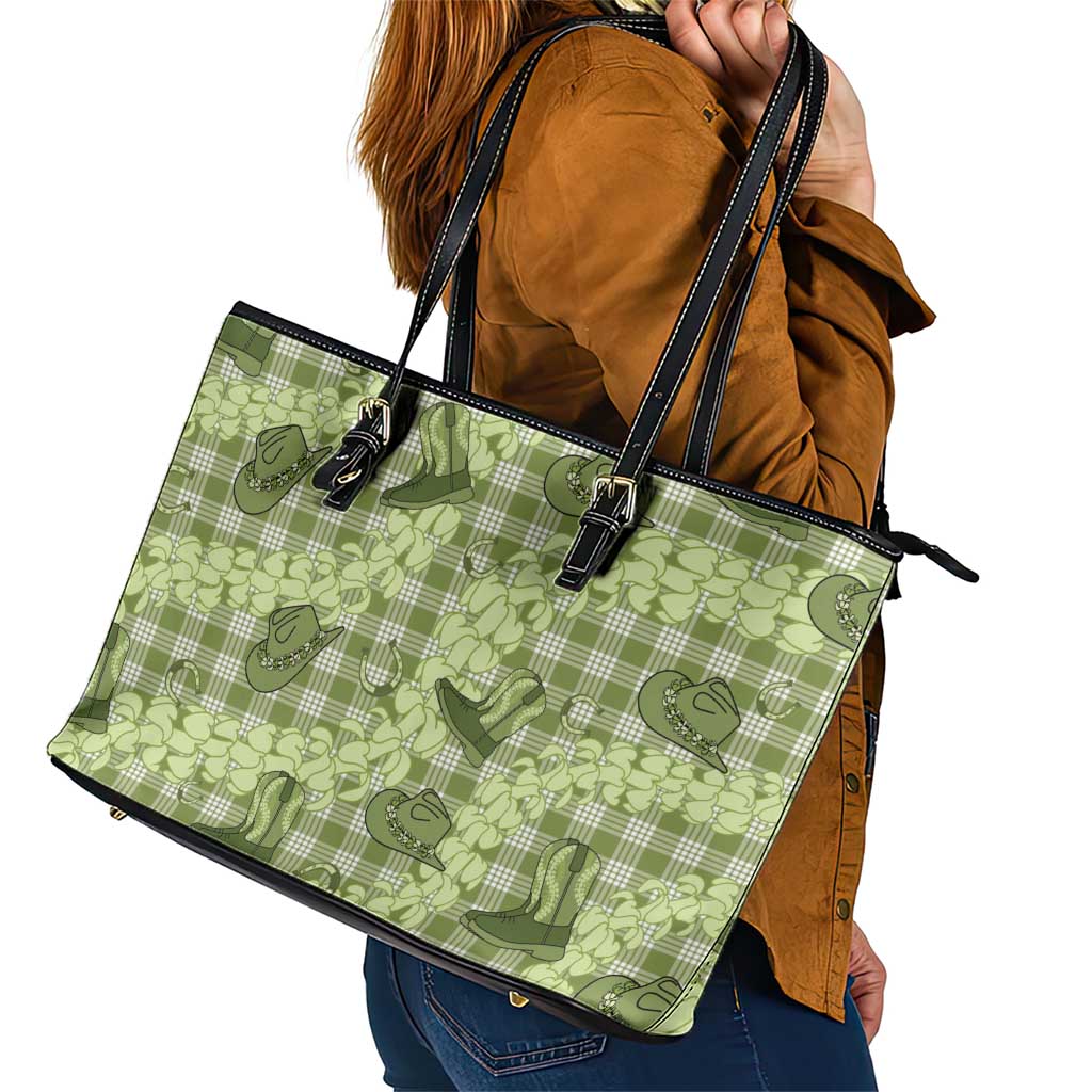 Lime Palaka Hawaii Cowboy Leather Tote Bag Puakenikeni Lei Paniolo Papale Seamless Vibes - Polynesian Pride